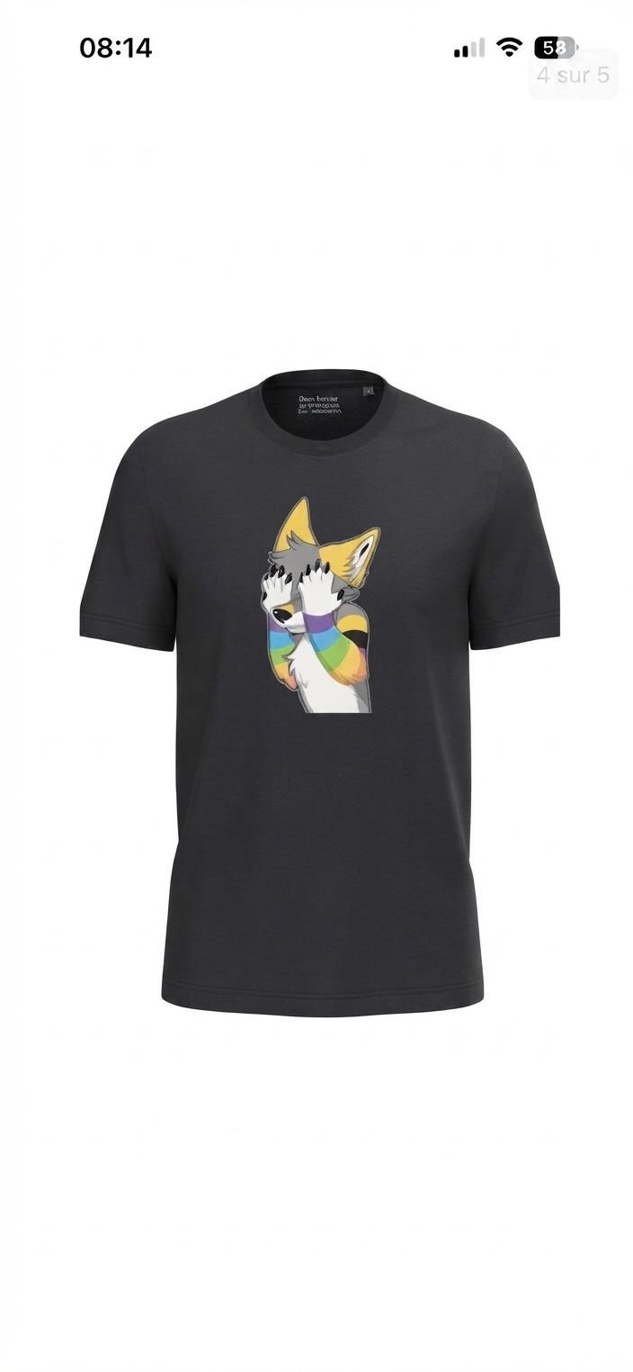 t-shirt avec mon avatar renard lgbt qui se cache les yeux de honte