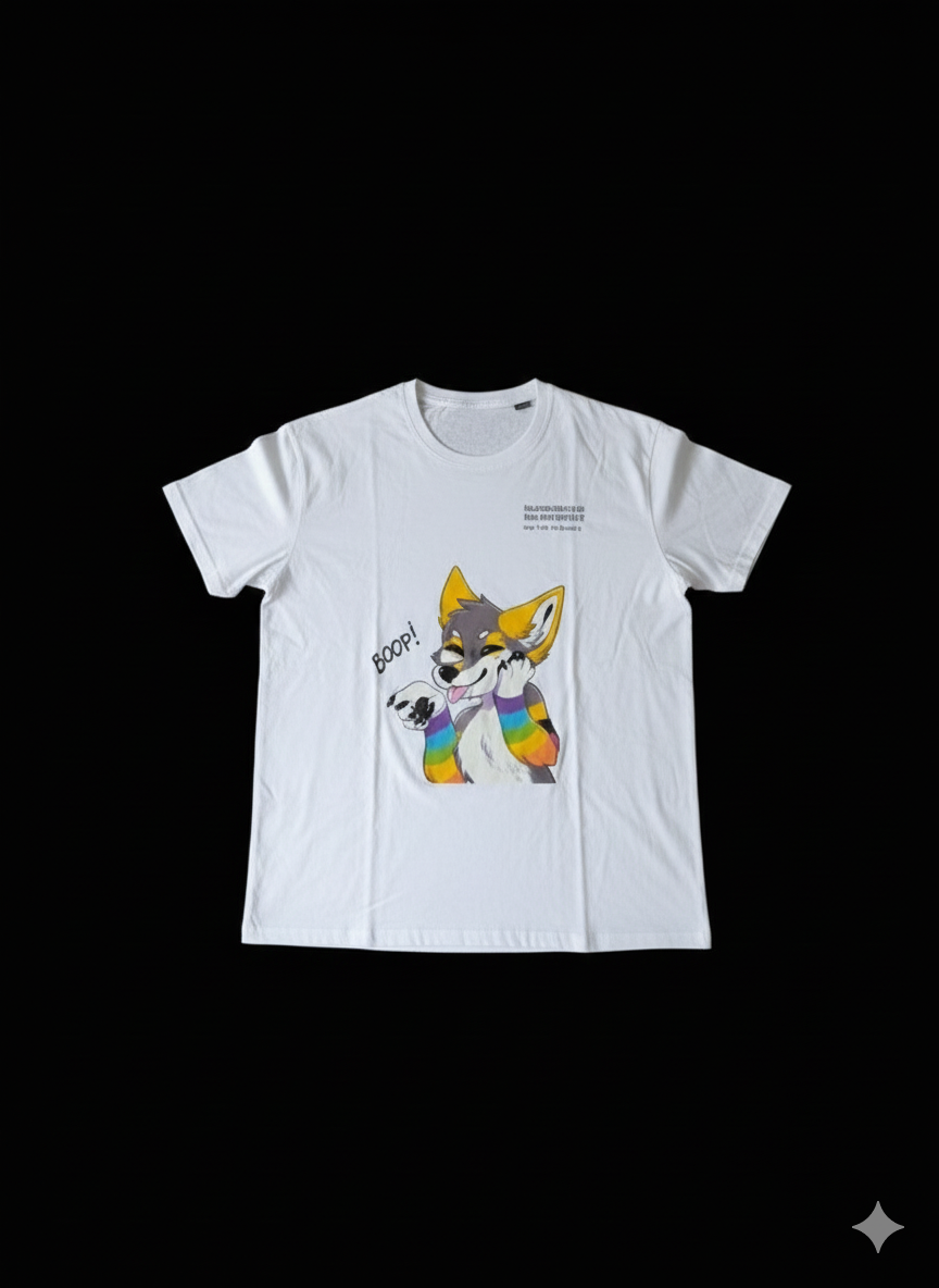 t-shirt avec mon avatar renard lgbt dessus qui se fait boop le museau